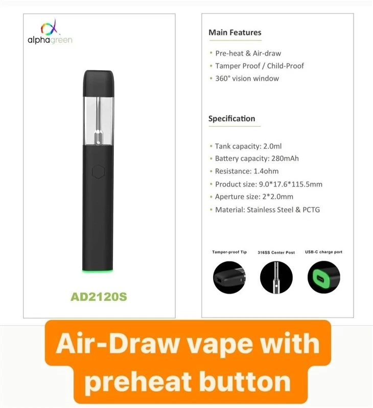 AD2120-S 2.0ML Airdraw & Preheat Disposable Vape Pen